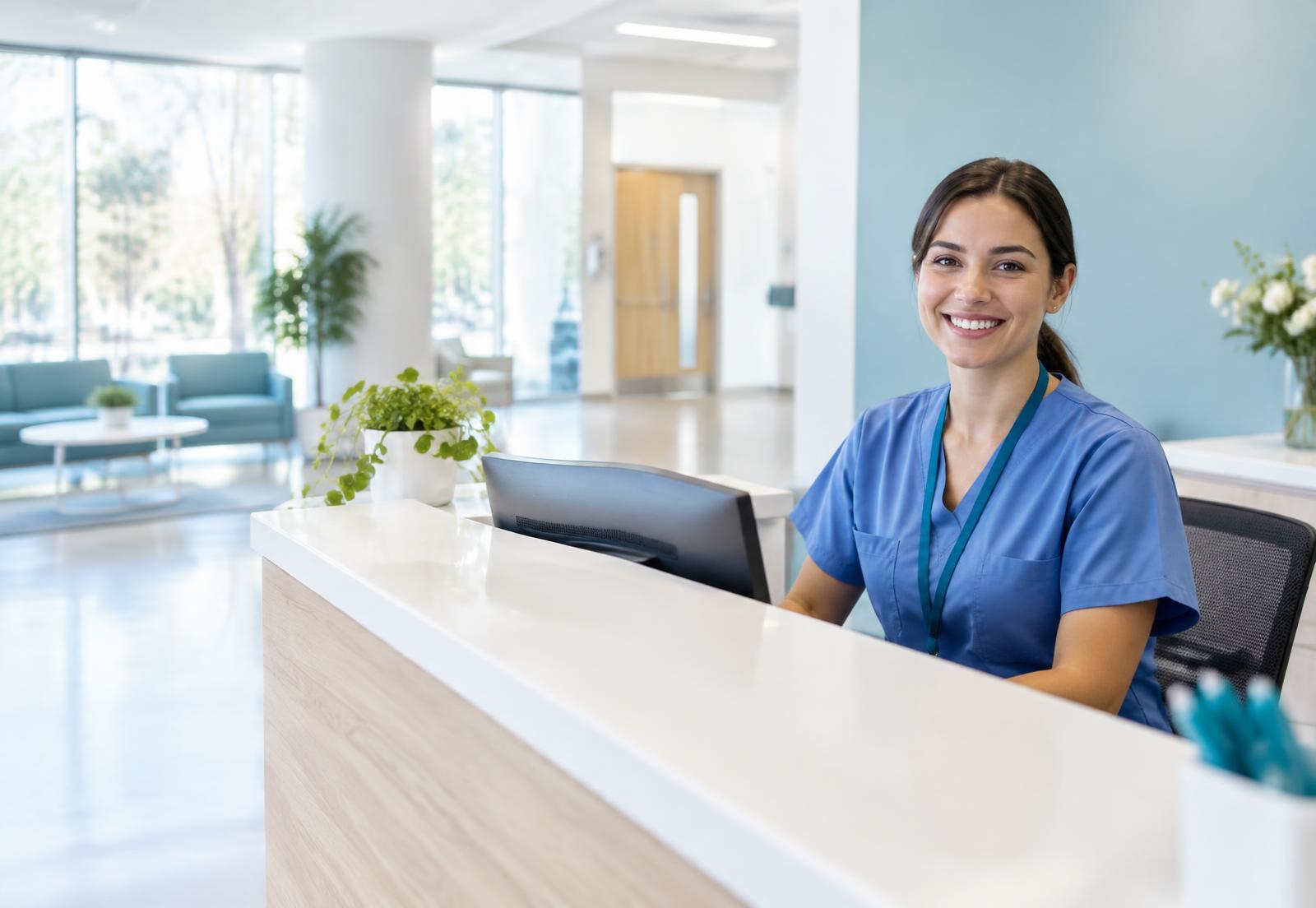 Calm hospital reception area with a staff member at the front desk